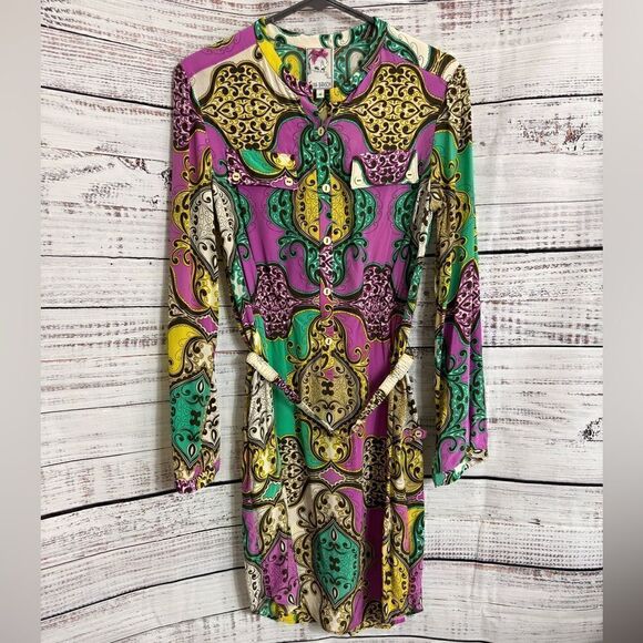 Yoana Baraschi Dress Womens Size 4 Silk Paisley satin Belted Button up Mini - Picture 2 of 14